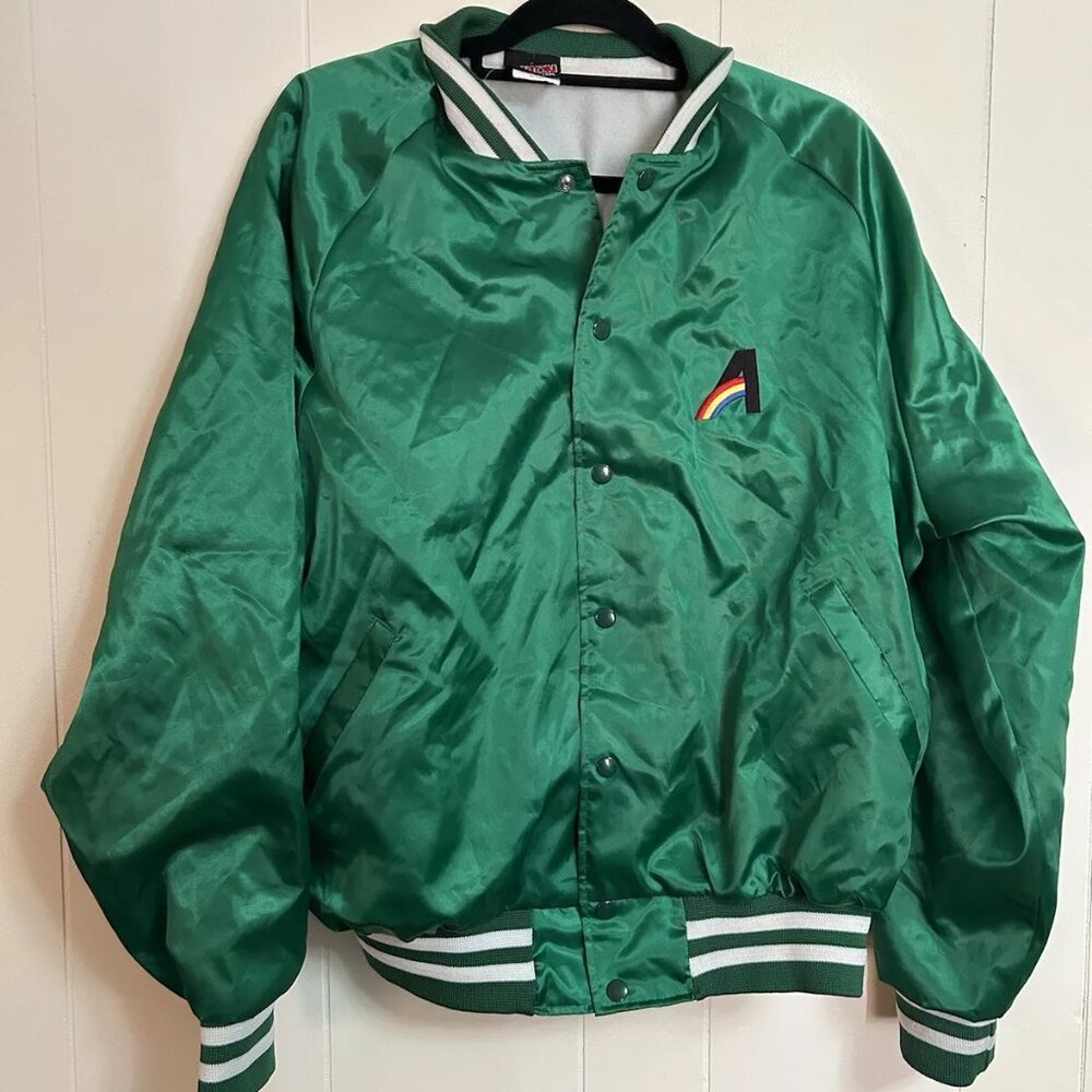 Vintage Hilton XL Green Nylon Satin Bomber Jacket Made In The USA Rainbow logo